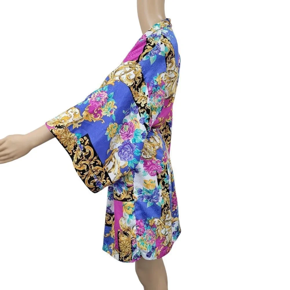 Vintage Satin Floral and Baroque Print Chemsie Slip Dress and Matching Robe Set